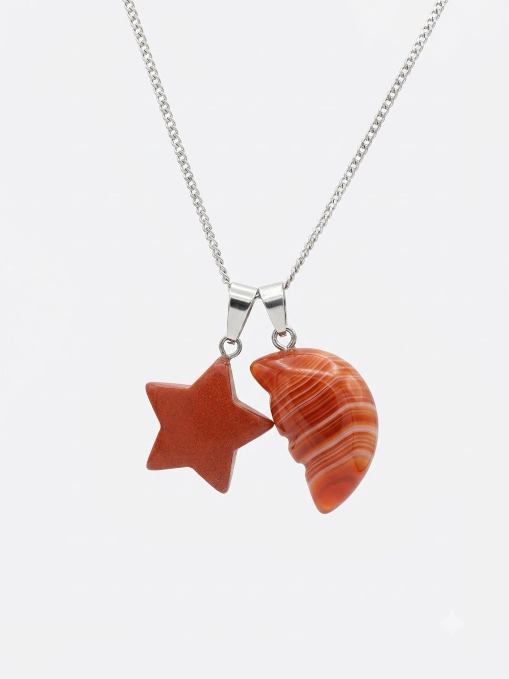 Red Jasper Star ⭐️ and Carnelian Crystal Moon 🌙 silver 18” Necklace